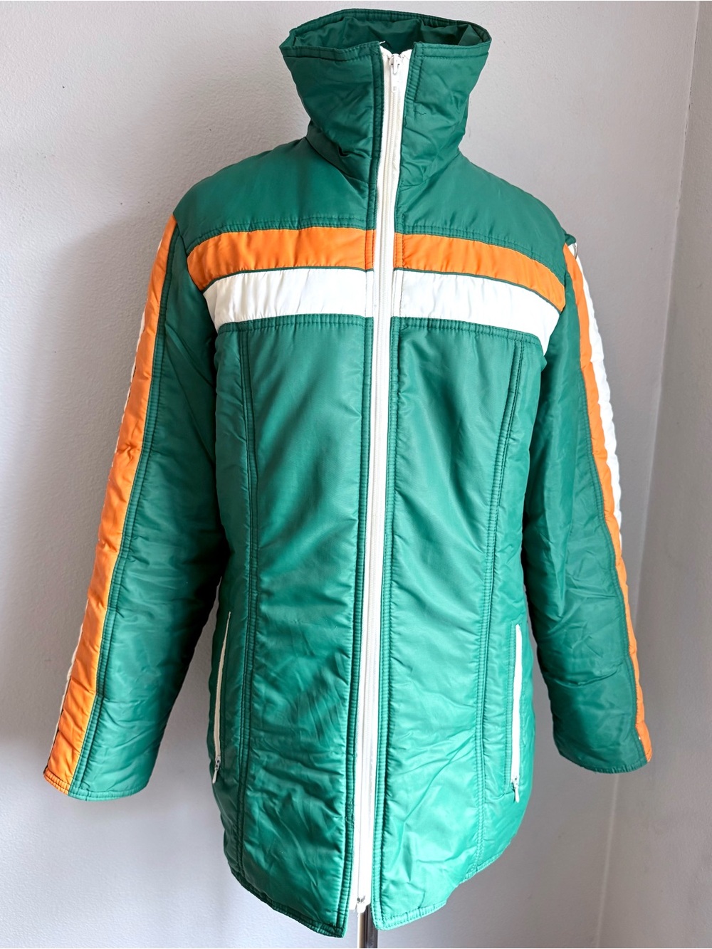 Vintage 70s Kmart Ski Jacket Green Orange Retro Coat Womens M/L